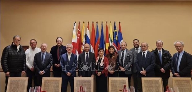 Vietnamese Ambassador to France Dinh Toan Thang (fourth from left) and the France-Vietnam Medical Federation's delegates at the event. (Photo: VNA)