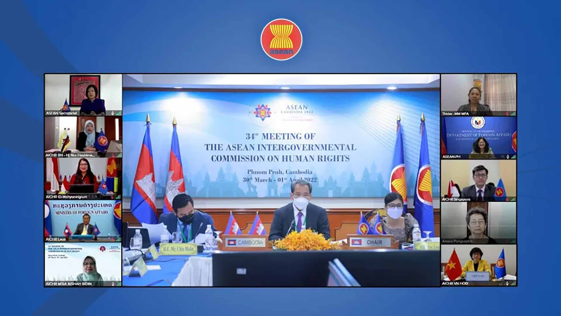 Kỳ họp lần thứ 34 của Ủy ban Liên chính phủ ASEAN về Nhân quyền (AICHR), ngày 30-31/3/2022. (Nguồn: aichr.org) Kỳ họp lần thứ 34 của Ủy ban Liên chính phủ ASEAN về Nhân quyền (AICHR), ngày 30-31/3/2022. (Nguồn: aichr.org)