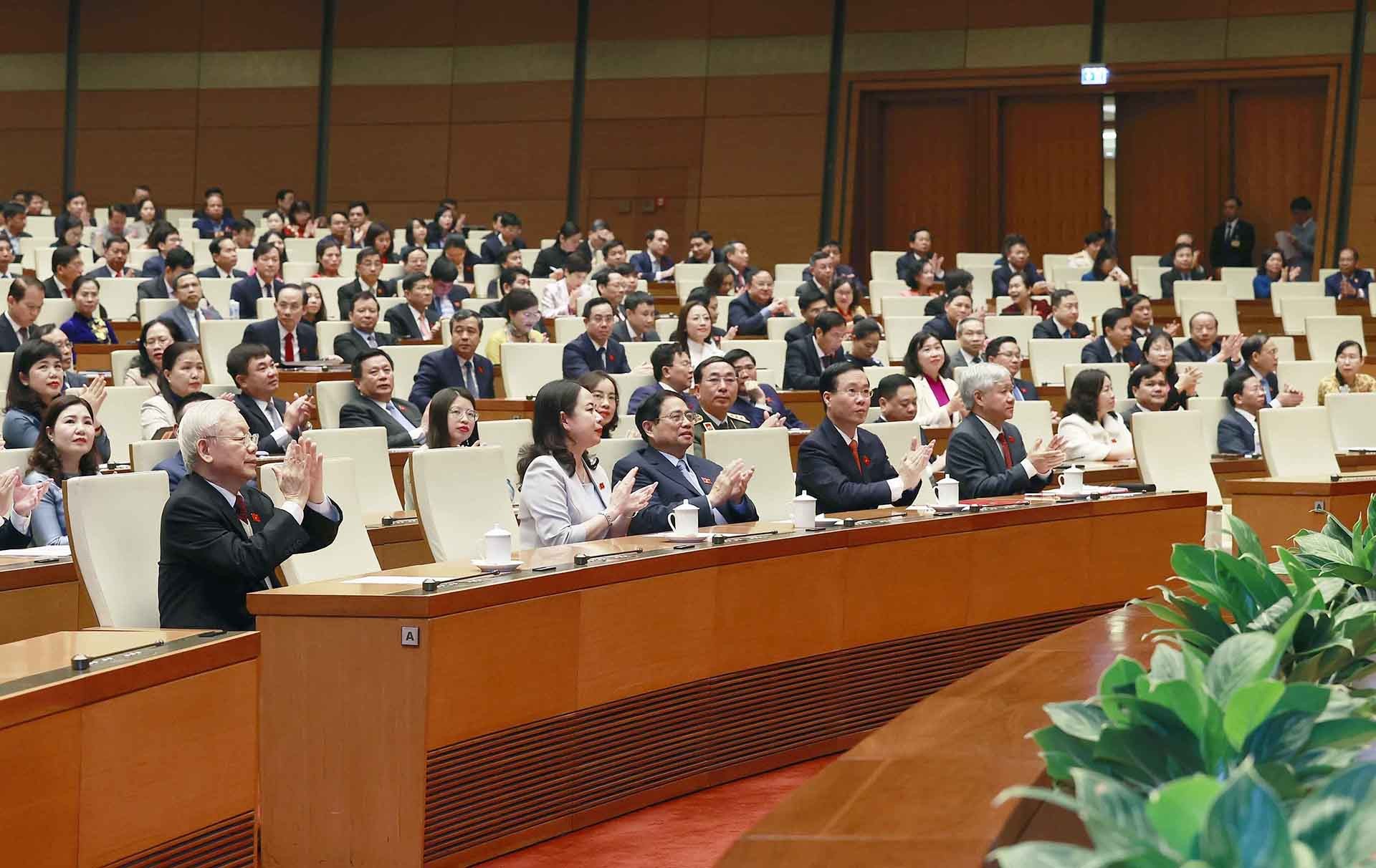 Tổng Bí thư Nguyễn Phú Trọng và các đồng chí lãnh đạo Đảng, Nhà nước, đại biểu Quốc hội dự kỳ họp. (Nguồn: TTXVN)