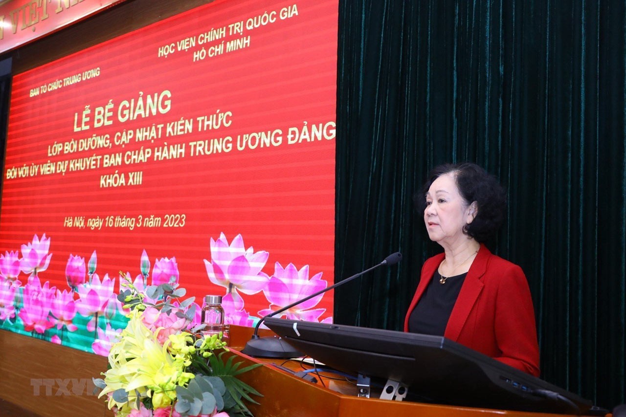 Bà Trương Thị Mai, Thường trực Ban Bí thư, Trưởng Ban Tổ chức Trung ương, Trưởng Ban Tổ chức Trung ương phát biểu chỉ đạo. (Nguồn: TTXVN)