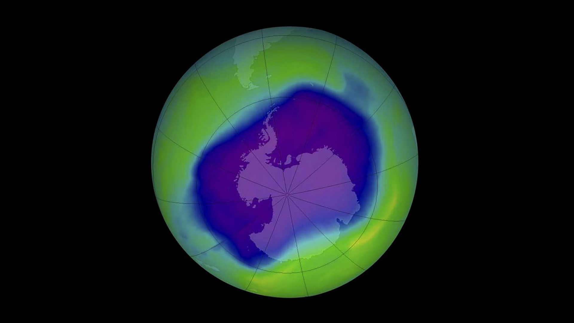 Lỗ hổng tầng ozone, giống như một vết loét màu tím ở tầng khí quyển bên trên Nam bán cầu. (Nguồn: Vox.com)