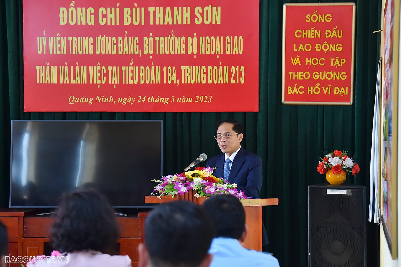 Phát biểu tại buổi làm việc, Bộ trưởng Bùi Thanh Sơn ghi nhận, biểu dương và đánh giá cao những thành tích và kết quả mà Trung đoàn 213 nói chung và Tiểu đoàn 184 nói riêng đạt được trong thời gian qua. 
