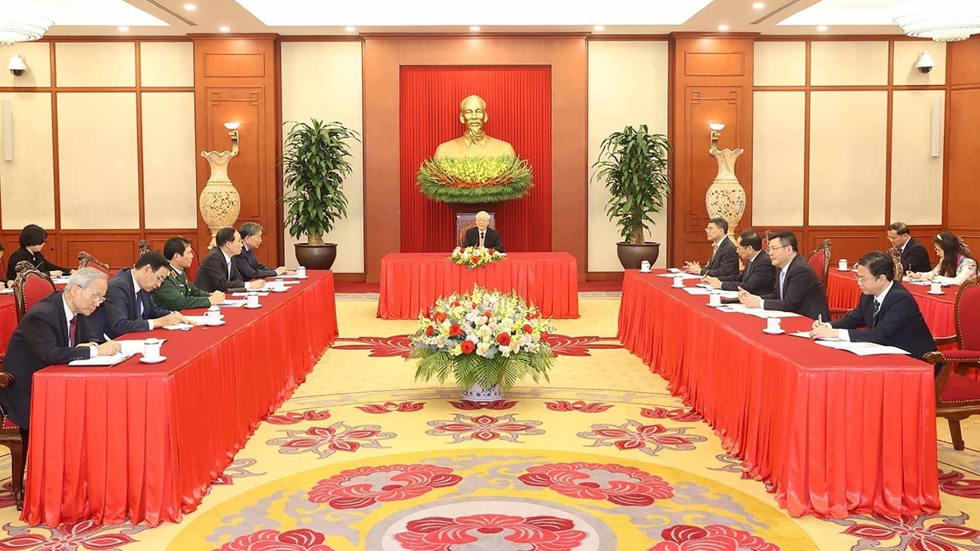 Toàn cảnh buổi điện đàm cấp cao giữa Tổng Bí thư Nguyễn Phú Trọng với Tổng thống Hoa Kỳ Joe Biden. (Nguồn: TTXVN)