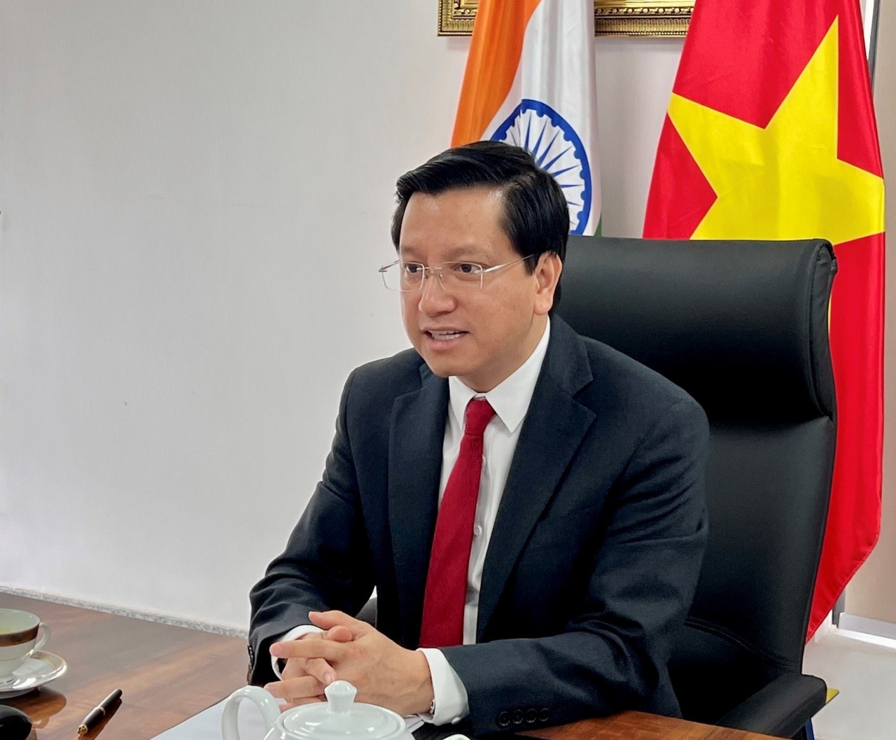 Đại sứ Nguyễn Thanh Hải phát biểu tại buổi gặp mặt bà con kiều bào tại Ấn Độ và Nepal.