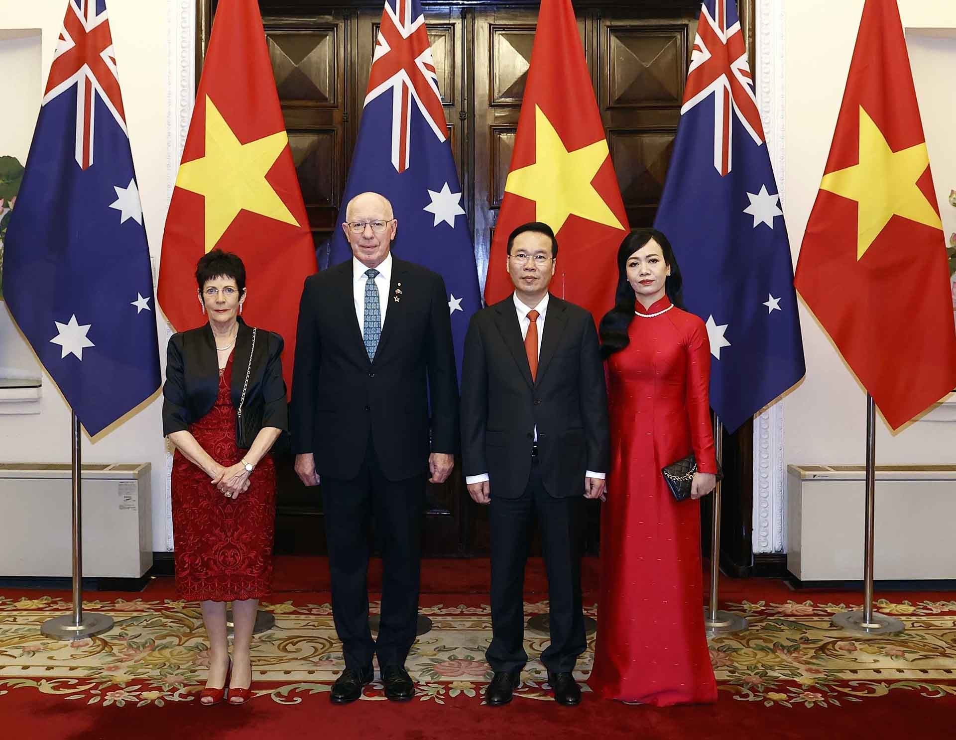 Chủ tịch nước Võ Văn Thưởng và Phu nhân tổ chức tiệc chiêu đãi chào mừng Toàn quyền Australia David Hurley và Phu nhân thăm cấp Nhà nước Việt Nam. (Nguồn: TTXVN)