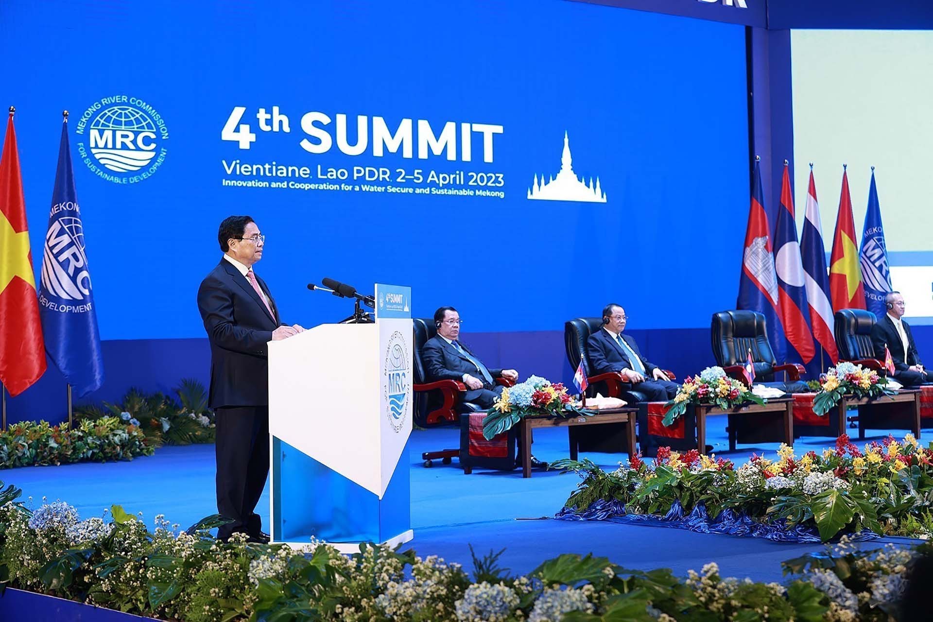 Thủ tướng Phạm Minh Chính phát biểu tại Phiên toàn thể Hội nghị cấp cao Ủy hội sông Mekong quốc tế lần thứ tư. (Nguồn: TTXVN)