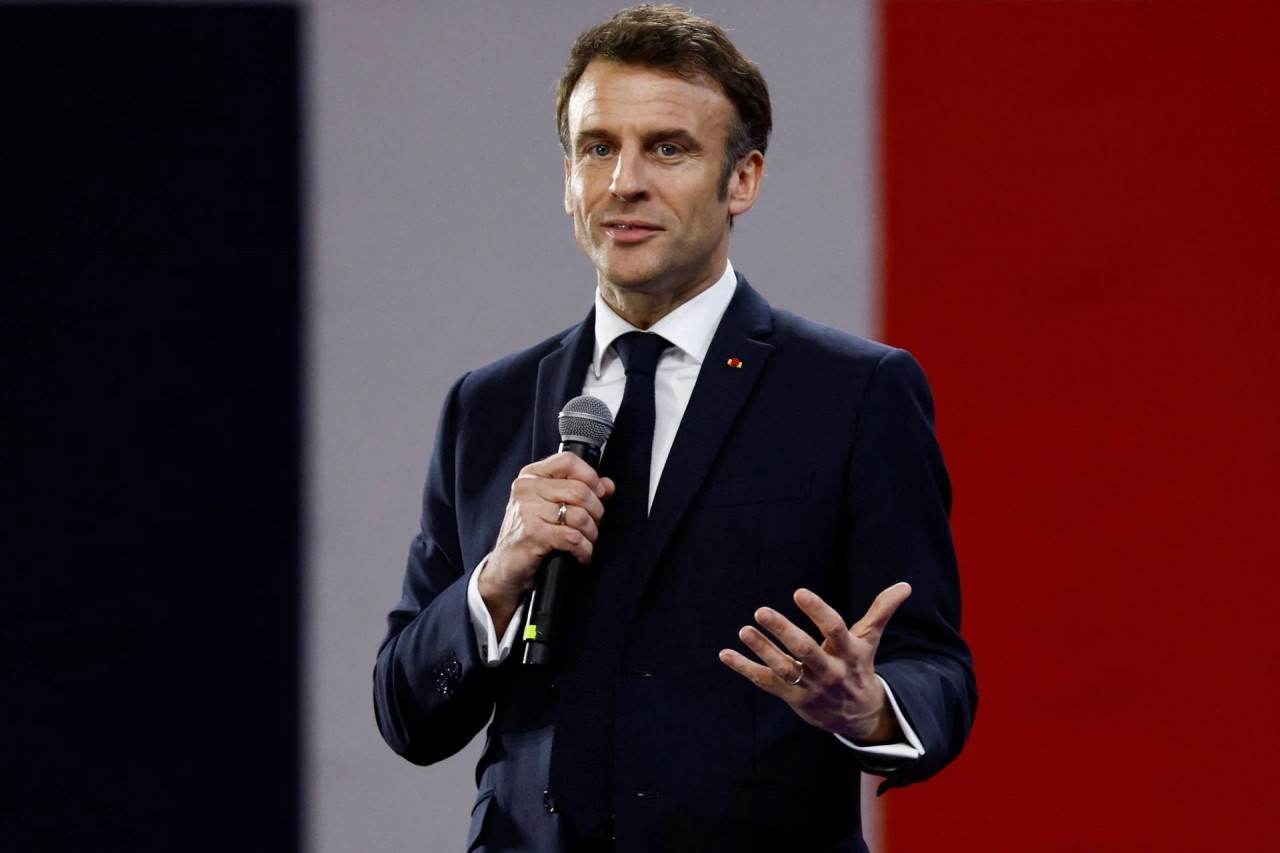 (04.10) Tổng thống Pháp Emmanuel Macron phát biểu tại Đại học Tôn Trung Sơn, Quảng Đông, Trung Quốc ngày 7/4. (Nguồn: Reuters)