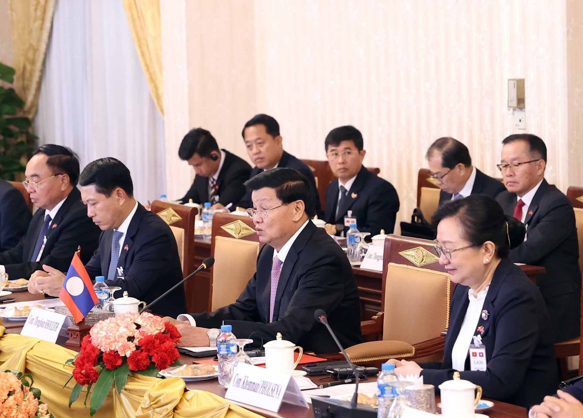 Tổng Bí thư, Chủ tịch nước Lào Thongloun Sisoulith phát biểu tại hội đàm. (Nguồn: TTXVN)