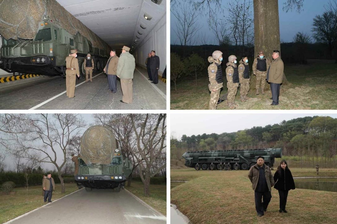 (04.14) Hình ảnh nhà lãnh đạo Triều Tiên Kim Jong-un cùng con gái và một số quan chức thị sát vụ phóng tên lửa đạn đạo Hwasong-18 ngày 13/4. (Nguồn: Rodong Sinmun)