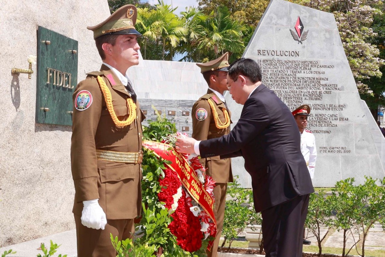 Chủ tịch Quốc hội Vương Đình Huệ dâng hoa Lãnh tụ Fidel Castro. (Nguồn: TTXVN)