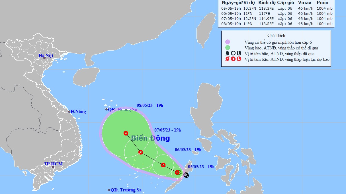 Sức gió mạnh nhất vùng tâm áp thấp nhiệt đới trên Biển Đông cấp 6, giật cấp 8