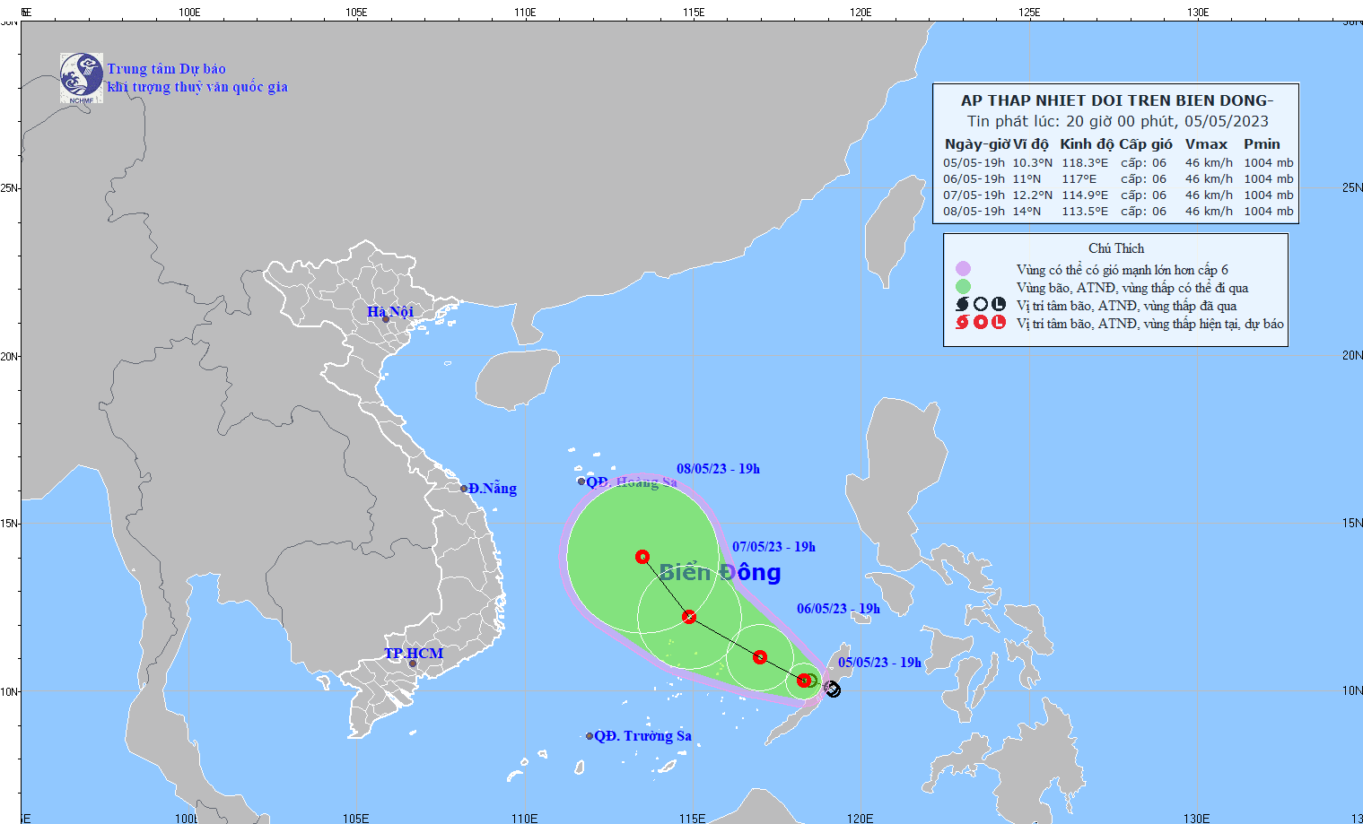 Sức gió mạnh nhất vùng tâm áp thấp nhiệt đới trên Biển Đông cấp 6, giật cấp 8