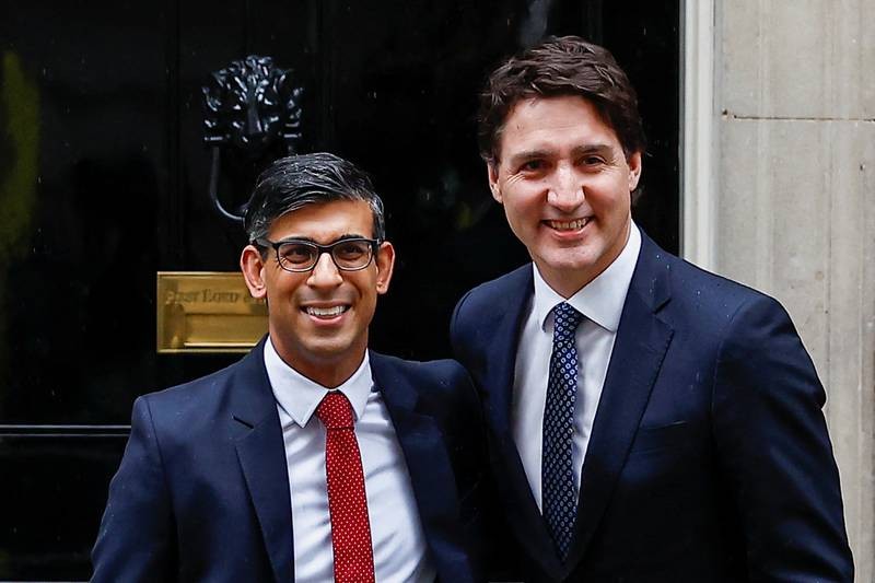 Thủ tướng Canada Justin Trudeau và Thủ tướng Anh Rishi Sunak tại số 10 Phố Downing ở thủ đô London ngày 6/5. (Nguồn: Reuters)