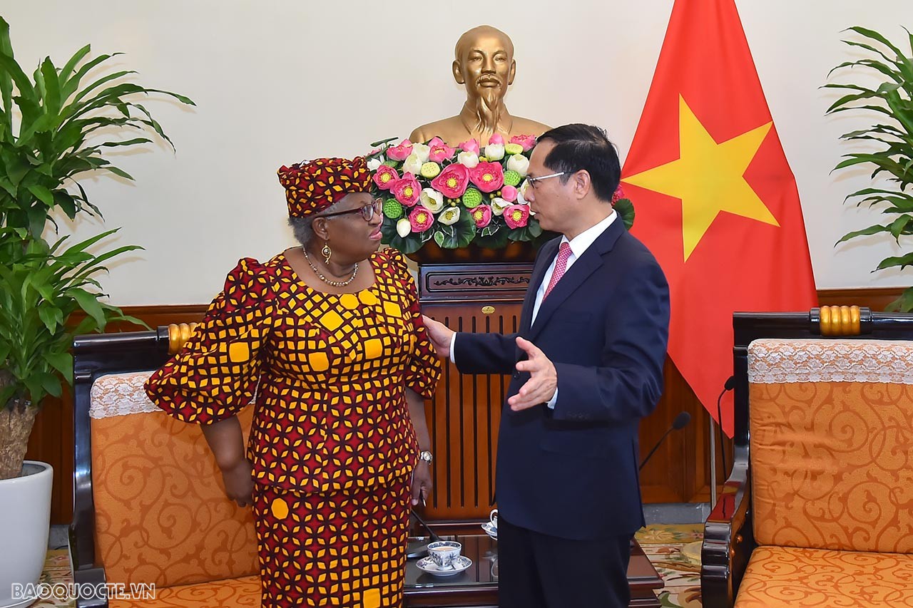 Sáng ngày 18/5, tại trụ sở Bộ, Bộ trưởng Ngoại giao Bùi Thanh Sơn đã có buổi làm việc với Tổng giám đốc WTO Ngozi Okonjo-Iweala trong khuôn khổ chuyến thăm làm việc tại Việt Nam của bà Tổng giám đốc từ ngày 17-19/5. (Ảnh: Tuấn Anh)