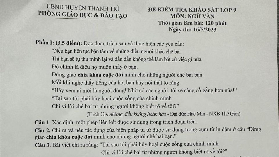 Hà Nội: Đề thi thử môn Văn vào lớp 10 của huyện Thanh Trì thế nào?