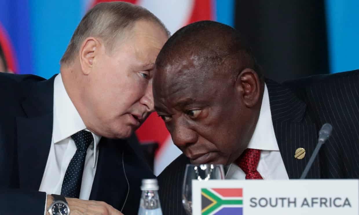 Russian president, Vladimir Putin, speaks to his South African counterpart, Cyril Ramaphosa, in 2019. Photograph: Sergei Chirikov/AP