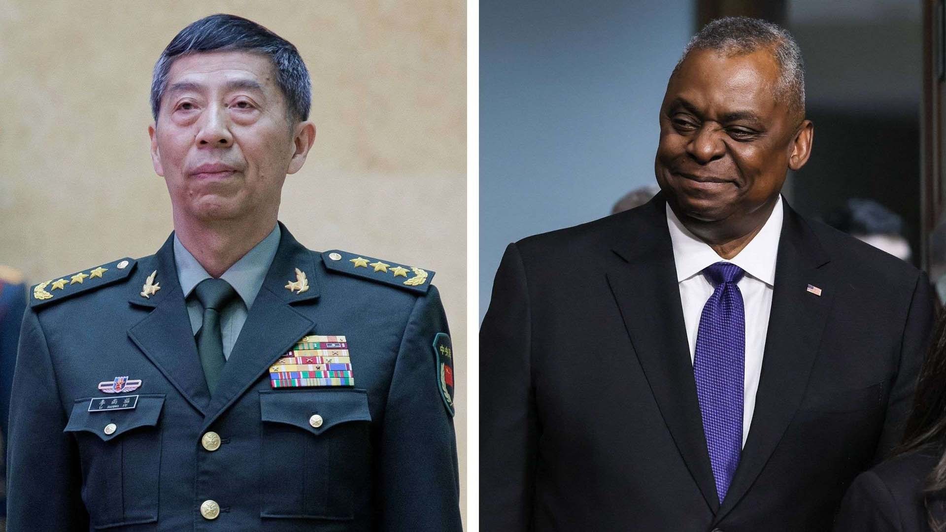 Bộ trưởng Quốc phòng Trung Quốc Lý Thượng Phúc và người đồng cấp Mỹ Lloyd Austin.  (Nguồn: Itar-Tass/UPI Photo/Imago)