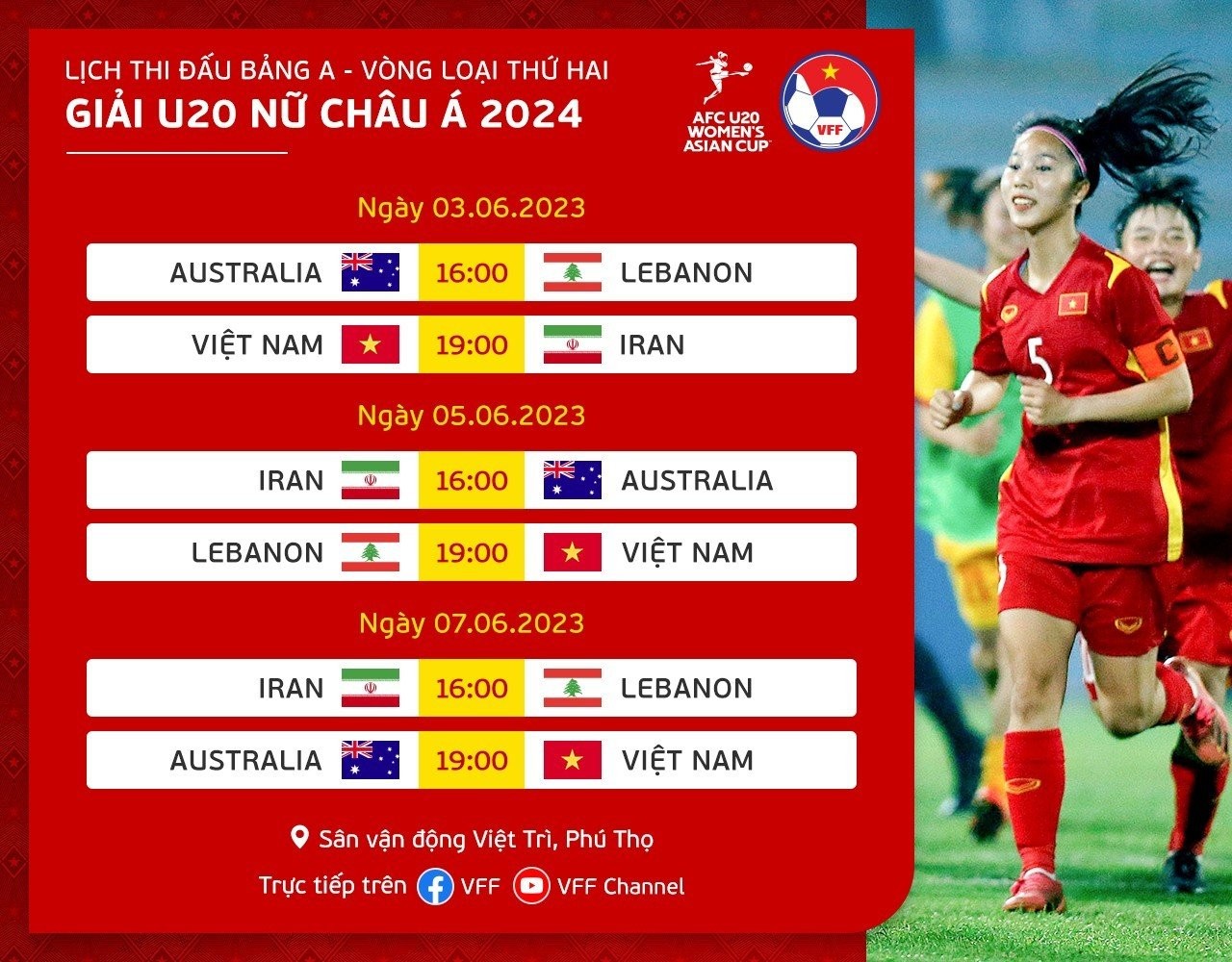 Lịch thi đấu của đội tuyển U20 nữ Việt Nam tại vòng loại thứ 2 U20 nữ châu Á 2024