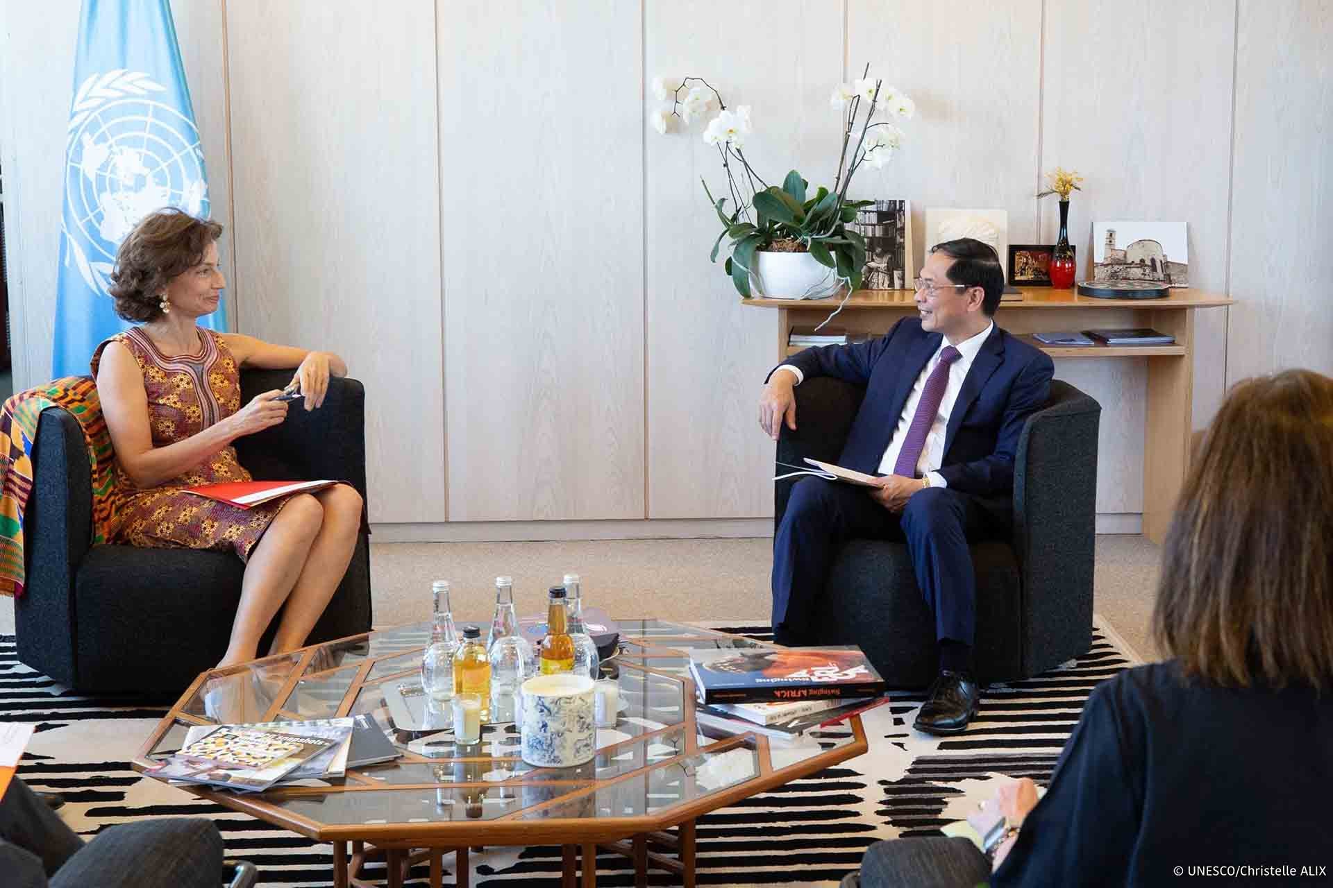 Bộ trưởng Ngoại giao Bùi Thanh Sơn gặp và làm việc với Tổng giám đốc UNESCO Audrey Azoulay. (Nguồn: TTXVN)