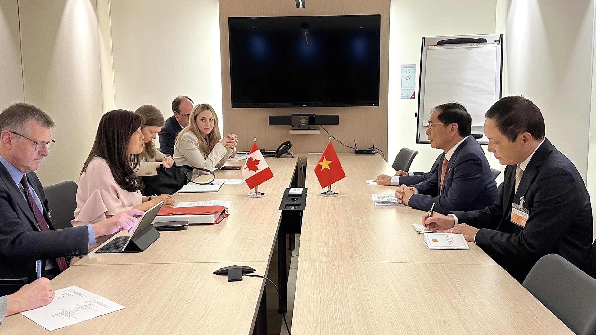 Bộ trưởng Ngoại giao Bùi Thanh Sơn gặp Bộ trưởng Thương mại quốc tế Canada Mary Ng.