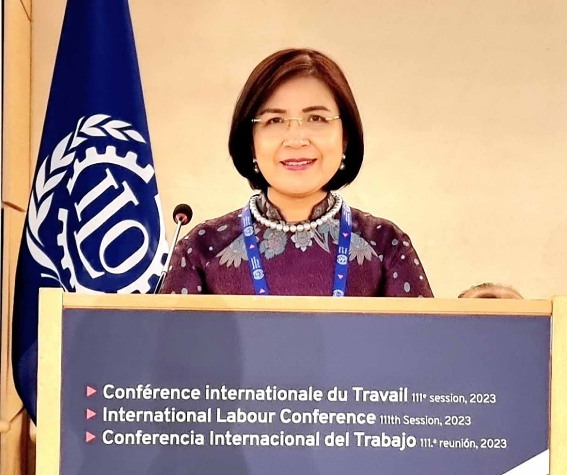 Đại sứ Lê Thị Tuyết Mai, Trưởng Phái đoàn thường trực Việt Nam tại Geneva phát biểu tại Hội nghị Lao động quốc tế lần thứ 111, ngày 7/6. (Ảnh: Phái đoàn Việt Nam tại Geneva)
