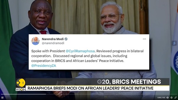 Thủ tướng Ấn Độ Narendra Modi ngày 11/6 đã điện đàm với Tổng thống Nam Phi Cyril Ramaphosa và thảo luận về sáng kiến hòa bình của Nam Phi đối với cuộc xung đột Ukraine, cùng các vấn đề khác. (Nguồn: Wion)