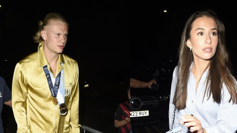 Erling Haaland đeo 3 huy chương cùng bạn gái dự tiệc mừng Man City thi đấu thành công
