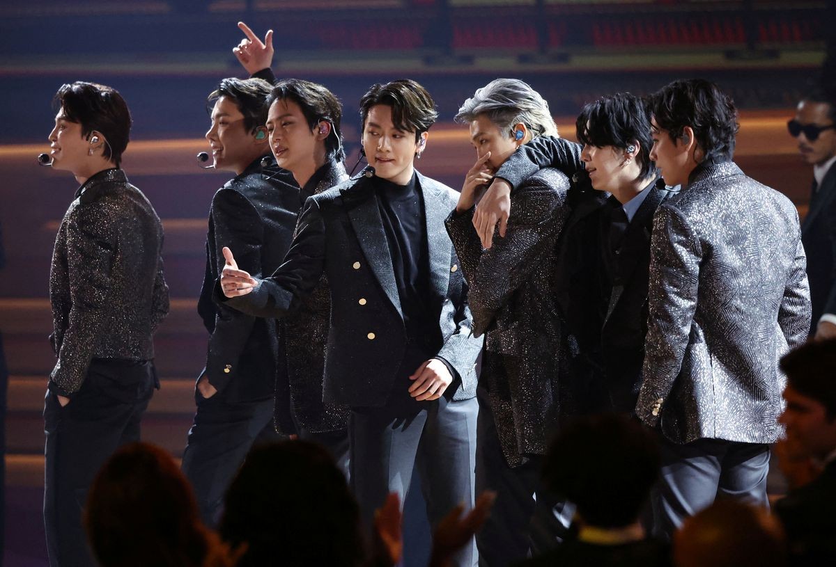 BTS perform during the 64th Annual Grammy Awards show in Las Vegas, Nevada, U.S. April 3, 2022. 