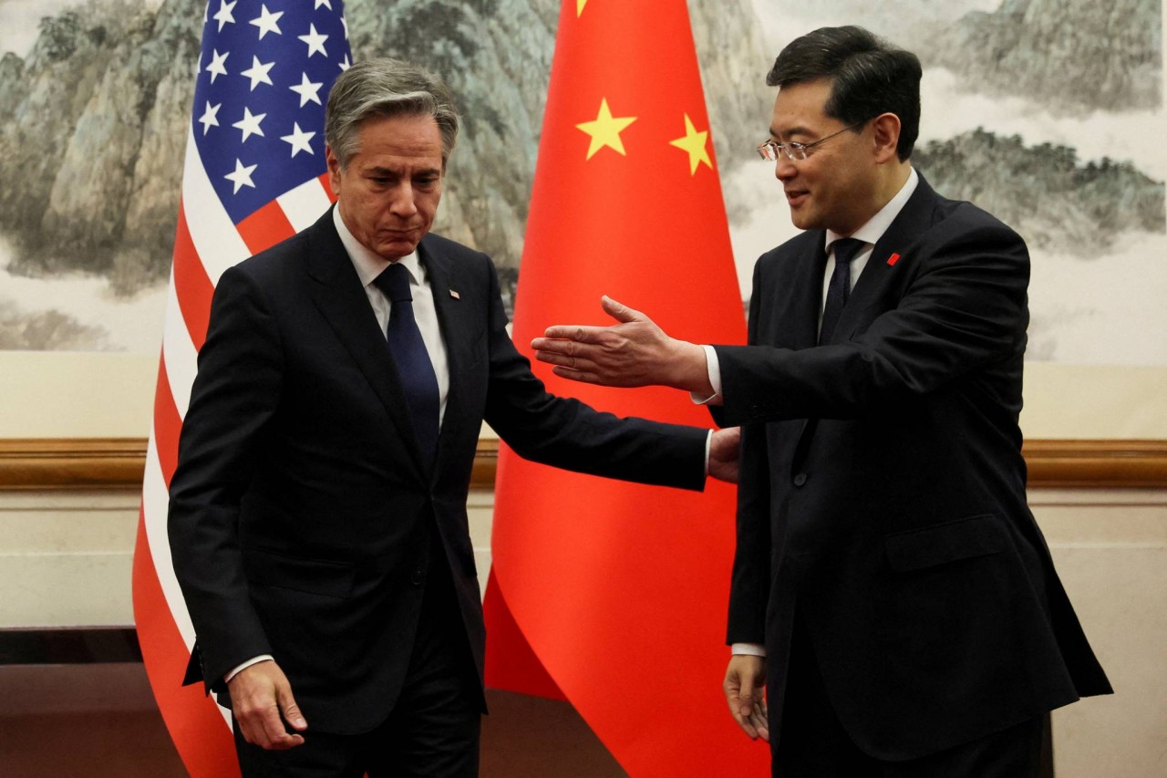 Ngoại trưởng Mỹ Antony Blinken gặp Ngoại trưởng Trung Quốc Tần Cương tại Nhà khách Điếu Ngư Đài ở Bắc Kinh, Trung Quốc, ngày 18-6 (Nguồn: AP)