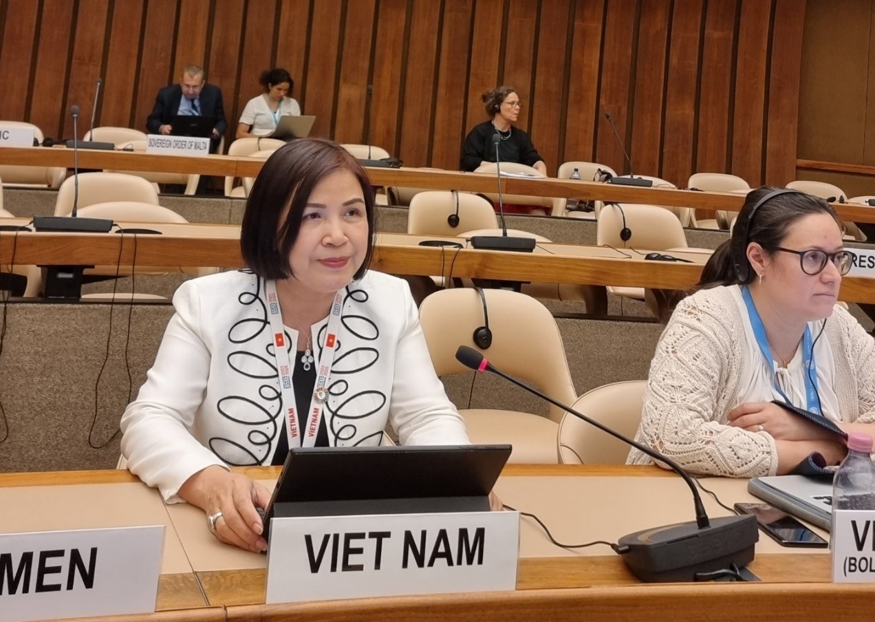 Đại sứ Lê Thị Tuyết Mai phát biểu tại phiên thảo luận chung ngày 21/6. (Nguồn: Phái đoàn đại diện thường trực Việt Nam tại Geneva)