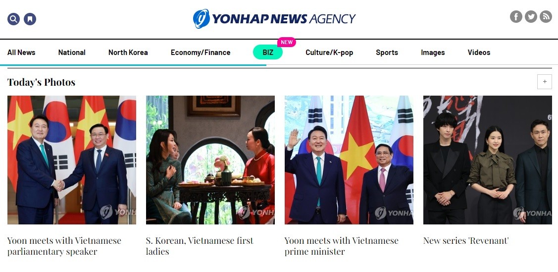 Trên trang chủ Hãng tin Yonhap, Báo chí Hàn Quốc đưa tin đậm nét về chuyến thăm Việt Nam của Tổng thống Yoon Suk Yeol
