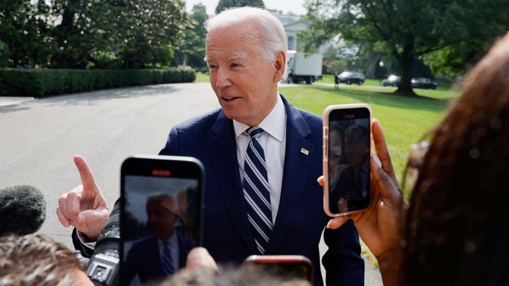 President Joe Biden speaks to members of the media as he departs the White House for travel to Chicago, June 28, 2023. Jonathan Ernst/Reuters