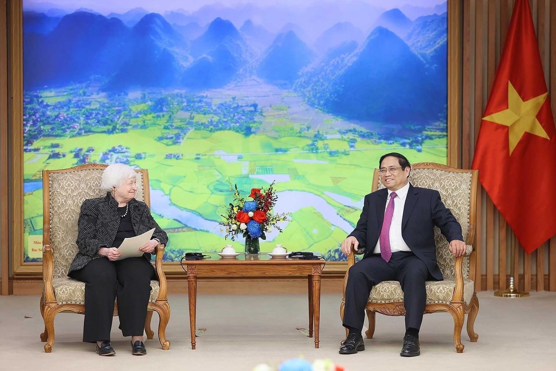 Thủ tướng Phạm Minh Chính tiếp Bộ trưởng Tài chính Hoa Kỳ Janet Yellen. (Nguồn: TTXVN)
