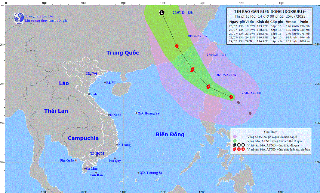Dự báo: Trong 24 giờ tới, bão Doksuri di chuyển theo hướng Tây Tây Bắc, có khả năng mạnh thêm