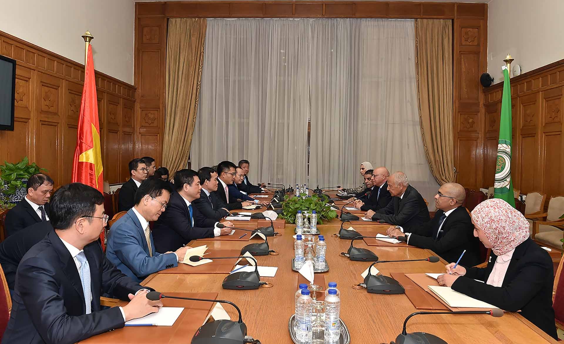 Phó Thủ tướng Trần Lưu Quang làm việc với Tổng thư ký Liên đoàn Arab Ahmed Aboul Gheit. (Nguồn: VGP)