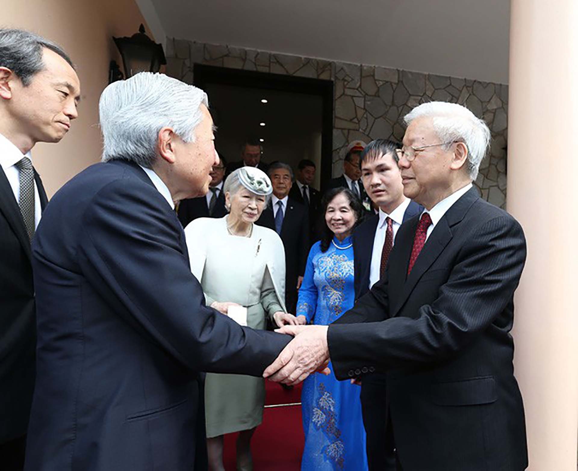 Ngày 3/3/2017, Tổng Bí thư Nguyễn Phú Trọng và Phu nhân chủ trì tiệc trà chào mừng Nhà vua Nhật Bản Akihito và Hoàng hậu Michiko thăm Việt Nam. (Nguồn: TTXVN)
