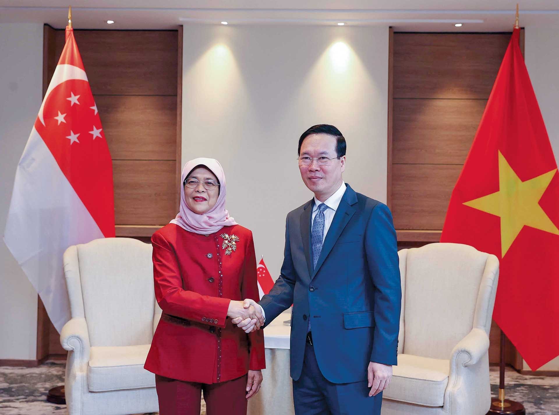 Chủ tịch nước Võ Văn Thưởng gặp Tổng thống Singapore Halimah Yacob, ngày 5/5/2023.