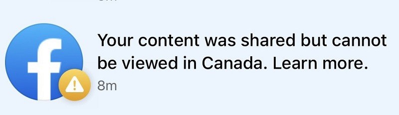 Thông báo về việc người dùng Facebook tại Canada không thể xem nội dung tin tức. 
