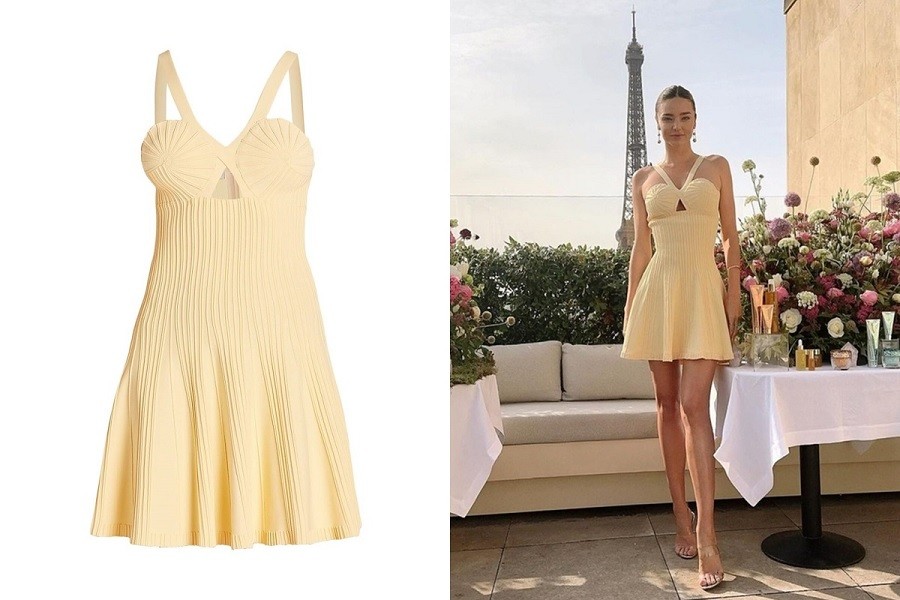 Tại sự kiện làm đẹp ở Paris, Pháp cuối tháng 6, siêu mẫu tôn vai trần và chân thon dài với váy màu vàng mơ của hãng Alaïa, phối sandals trong suốt Manolo Blahnik. 