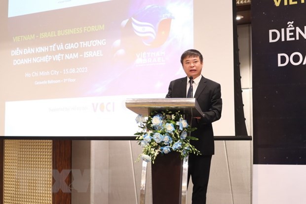 Ông Trần Ngọc Liêm, Giám đốc Chi nhánh Liên đoàn Thương mại và Công nghiệp Việt Nam tại Thành phố Hồ Chí Minh, thông tin tình hình hợp tác hai nước tại Dễn đàn. (Ảnh: Xuân Anh/TTXVN)