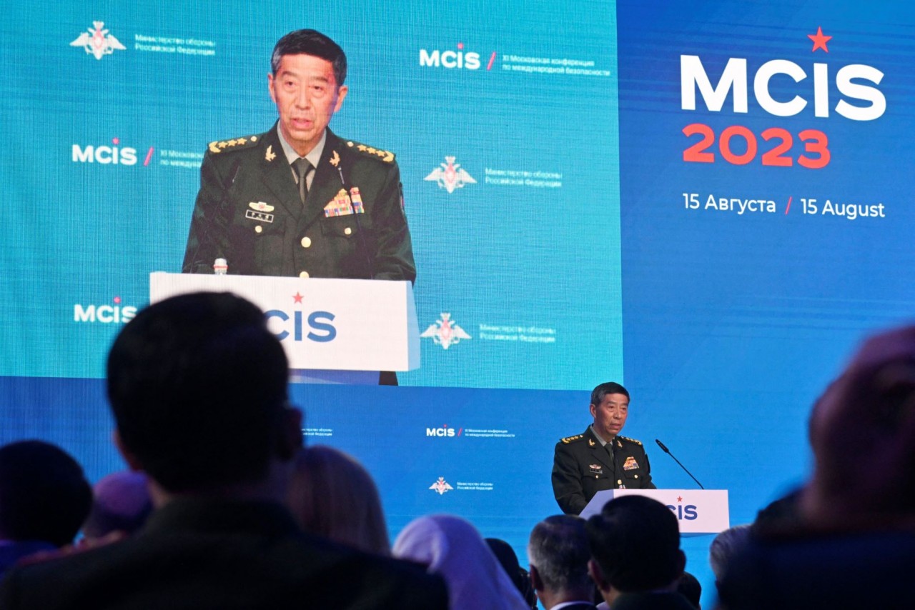 Bộ trưởng Quốc phòng Trung Quốc Lý Thượng Phúc phát biểu tại Hội nghị An ninh quốc tế Moskva lần thứ 11 ở Moskva, Nga, ngày 15/8/2023. (Nguồn: AFP)
