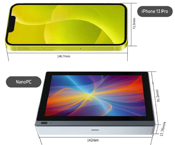 So sánh kích thước NanoPC và một chiếc iPhone 13 Pro.