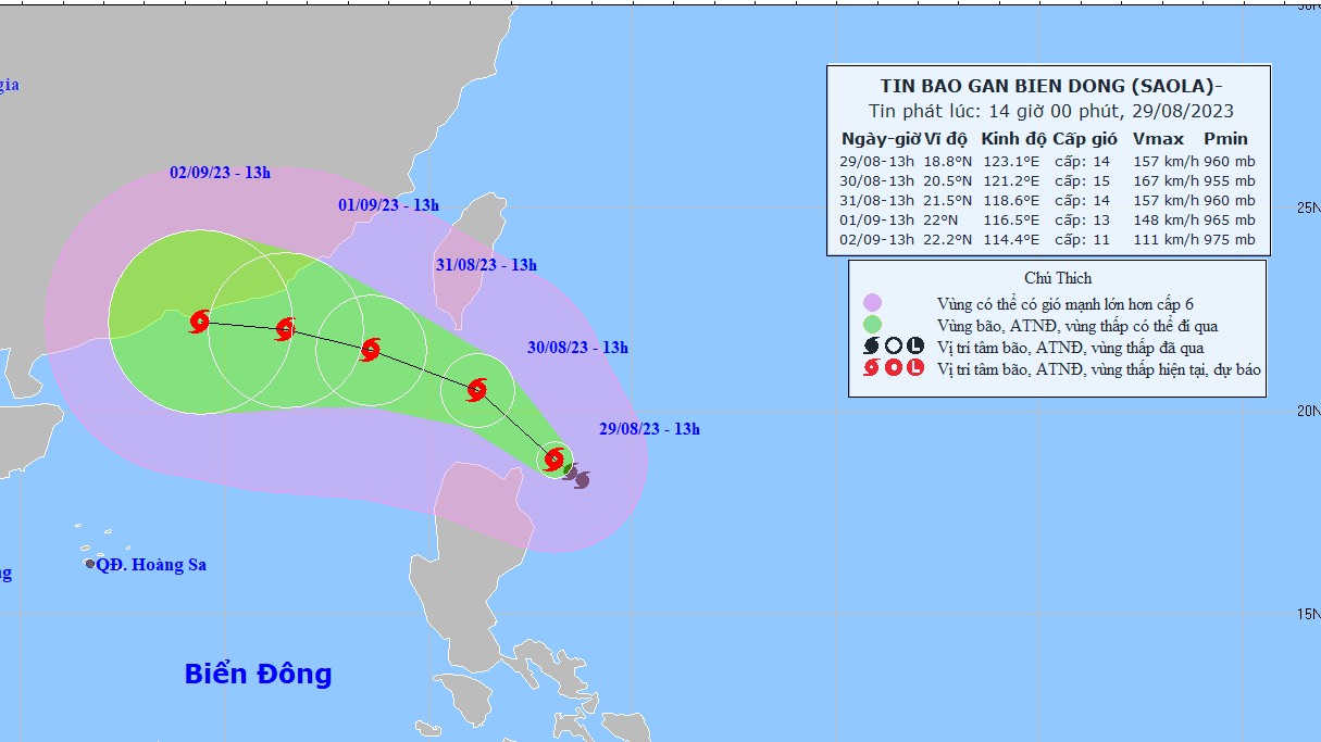 Tin bão gần Biển Đông: Bão Saola có sức gió mạnh cấp 14-15, giật cấp 17; phía Đông khu vực Bắc Biển Đông sóng biển cao 3-5m, biển động dữ dội