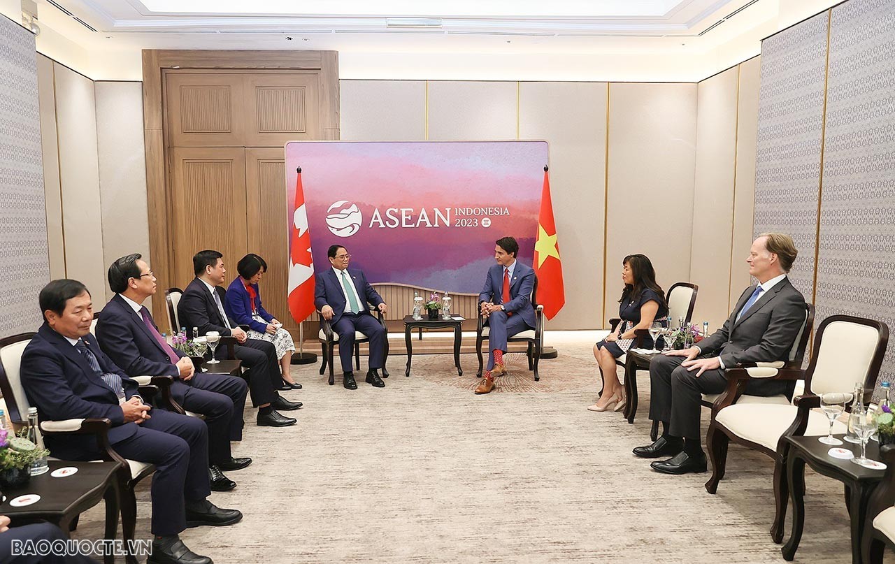 Ngày 6/9, nhân dịp dự Hội nghị cấp cao ASEAN-43 và các Hội nghị liên quan tại Jakarta, Indonesia, Thủ tướng Chính phủ Phạm Minh Chính đã gặp Thủ tướng Canada Justin Trudeau. (Ảnh: Anh Sơn)