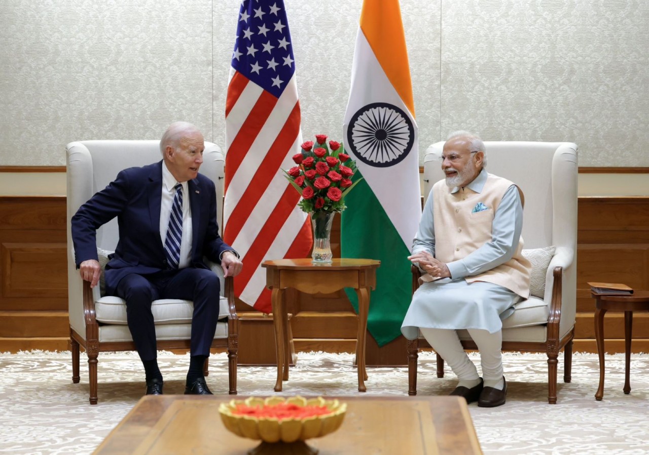Tổng thống Mỹ Joe Biden gặp Thủ tướng Narendra Modi ngay sau khi tới Ấn Độ ngày 8/9. (Nguồn: PMO)