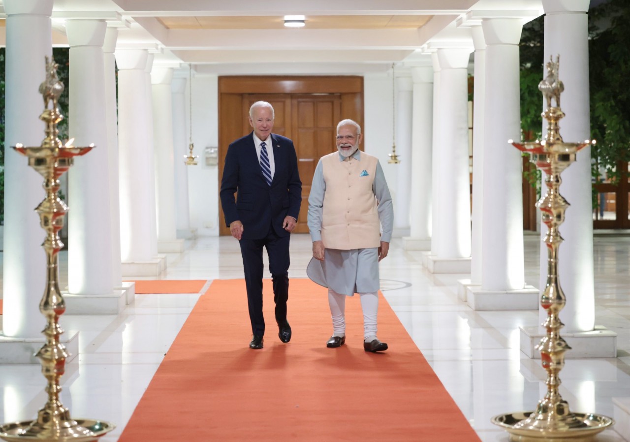 Tổng thống Mỹ Joe Biden gặp Thủ tướng Narendra Modi ngay sau khi tới Ấn Độ ngày 8/9. (Nguồn: PMO)