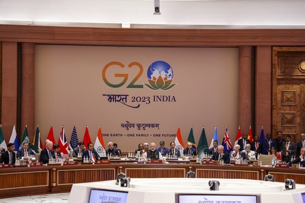 Các đại biểu tham dự Hội nghị thượng đỉnh G20 ở New Delhi, Ấn Độ, ngày 9/9/2023. (Ảnh: AFP/TTXVN)
