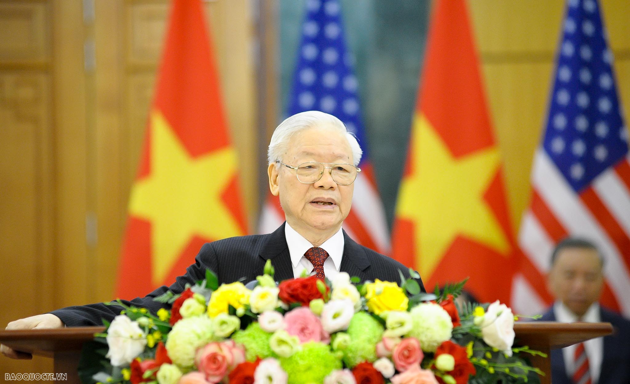 Tổng Bí thư Nguyễn Phú Trọng phát biểu với báo chí sau hội đàm với Tổng thống Hoa Kỳ Joe Biden. (Ảnh: Nguyễn Hồng)