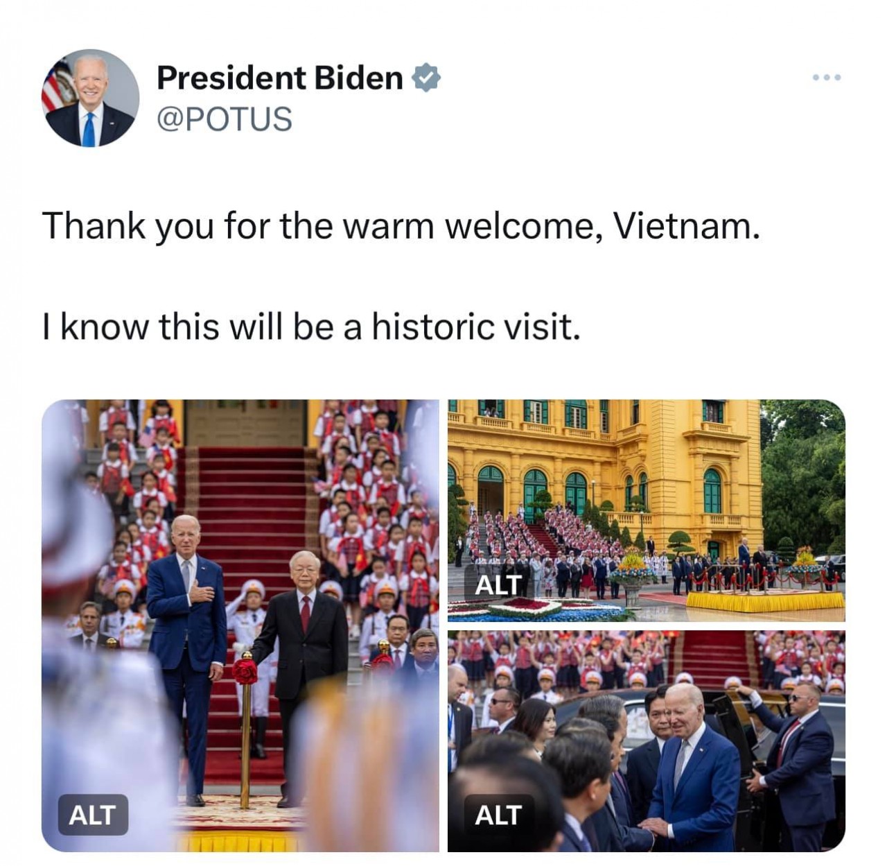 (09.10) Tổng thống Hoa Kỳ Joe Biden gửi lời cảm ơn tới Việt Nam trong dòng trạng thái trên mạng xã hội X. (Ảnh: Chụp màn hình)