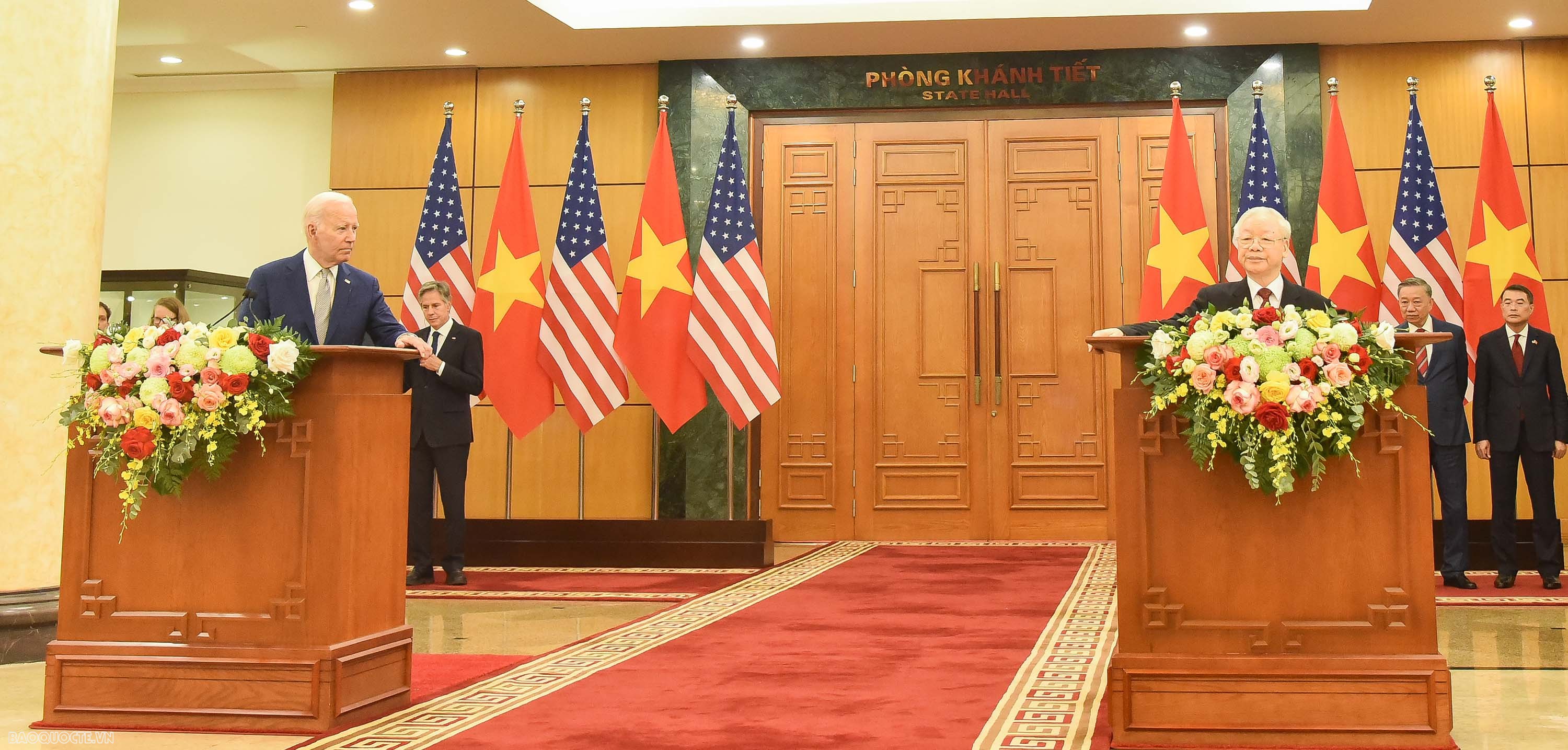 Sau cuộc hội đàm, Tổng Bí thư Nguyễn Phú Trọng và Tổng thống Joe Biden đã phát biểu với báo chí Việt Nam, Hoa Kỳ và quốc tế.